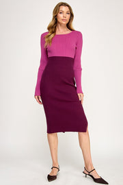 Color Block Ribbed Knit Midi Dress with Side Slit | ABES7513 PINK NAVY