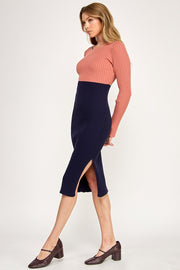 Color Block Ribbed Knit Midi Dress with Side Slit | ABES7513 PINK NAVY