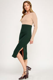 Color Block Ribbed Knit Midi Dress with Side Slit | ABES7513 PINK NAVY