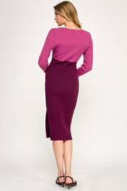 Color Block Ribbed Knit Midi Dress with Side Slit | ABES7513 PINK NAVY