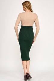 Color Block Ribbed Knit Midi Dress with Side Slit | ABES7513 PINK NAVY