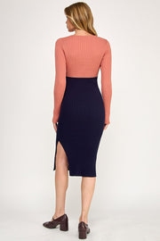 Color Block Ribbed Knit Midi Dress with Side Slit | ABES7513 PINK NAVY