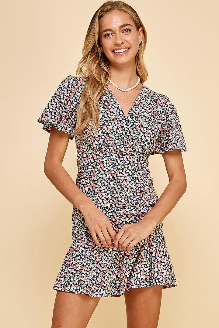 Floral Puff sleeve mini dress / S#ABDD0110