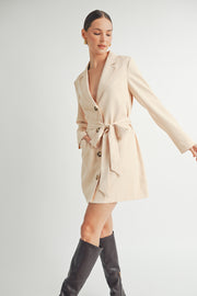 Belted Blazer Collared Neckline long sleeve Mini Dress beige wholesale fashion brand.