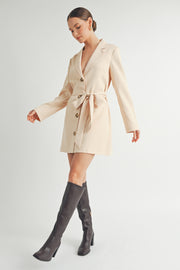 Belted Blazer Collared Neckline long sleeve Mini Dress beige wholesale fashion brand.