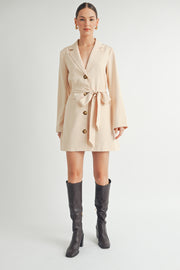 Belted Blazer Collared Neckline long sleeve Mini Dress beige wholesale fashion brand.
