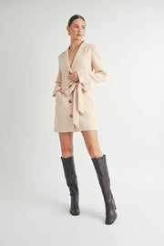 Belted Blazer Collared Neckline long sleeve Mini Dress beige wholesale fashion brand.