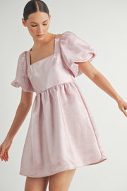 Shiny Pink Organza Puff Sleeve Mini Dress I ABED7595