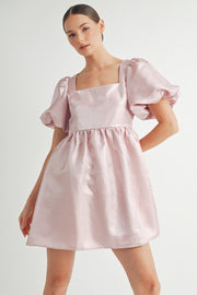 Shiny Pink Organza Puff Sleeve Mini Dress I ABED7595