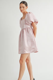 Shiny Pink Organza Puff Sleeve Mini Dress I ABED7595
