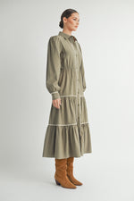 Load image into Gallery viewer, Wholesale women&#39;s contemporary line brand | Long Sleeve and Collared neckline Button Up Midi Dress
