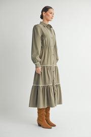 Wholesale women's contemporary line brand | Long Sleeve and Collared neckline Button Up Midi Dress