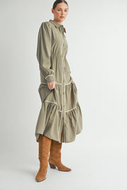 Wholesale women's contemporary line brand | Long Sleeve and Collared neckline Button Up Midi Dress