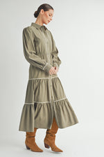 Load image into Gallery viewer, Wholesale women&#39;s contemporary line brand | Long Sleeve and Collared neckline Button Up Midi Dress
