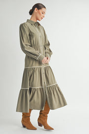 Wholesale women's contemporary line brand | Long Sleeve and Collared neckline Button Up Midi Dress