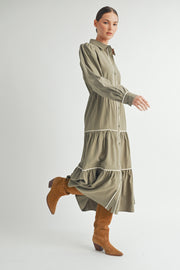 Wholesale women's contemporary line brand | Long Sleeve and Collared neckline Button Up Midi Dress