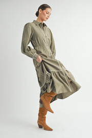 Wholesale women's contemporary line brand | Long Sleeve and Collared neckline Button Up Midi Dress