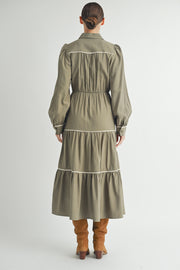 Wholesale women's contemporary line brand | Long Sleeve and Collared neckline Button Up Midi Dress