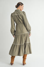 Load image into Gallery viewer, Wholesale women&#39;s contemporary line brand | Long Sleeve and Collared neckline Button Up Midi Dress
