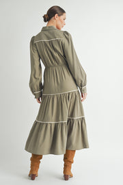 Wholesale women's contemporary line brand | Long Sleeve and Collared neckline Button Up Midi Dress