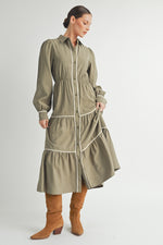Load image into Gallery viewer, Wholesale women&#39;s contemporary line brand | Long Sleeve and Collared neckline Button Up Midi Dress

