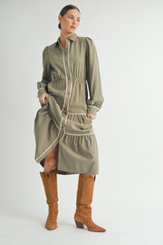 Wholesale women's contemporary line brand | Long Sleeve and Collared neckline Button Up Midi Dress