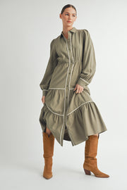 Wholesale women's contemporary line brand | Long Sleeve and Collared neckline Button Up Midi Dress