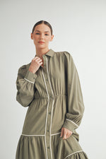Load image into Gallery viewer, Wholesale women&#39;s contemporary line brand | Long Sleeve and Collared neckline Button Up Midi Dress
