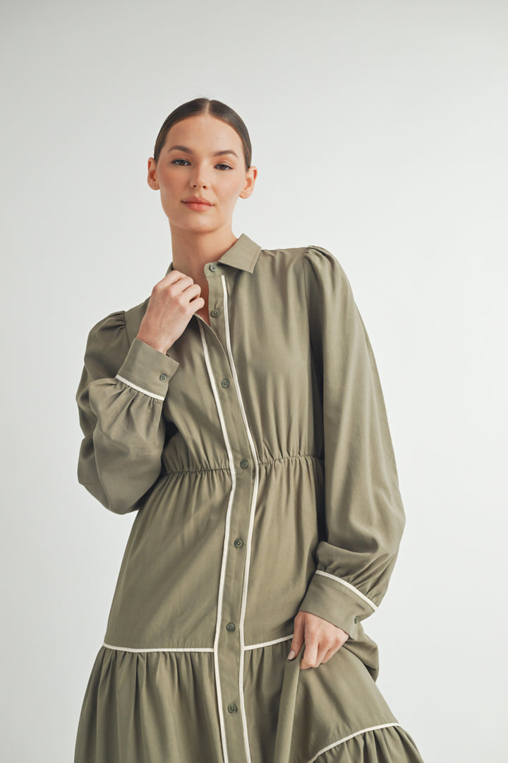 Wholesale women's contemporary line brand | Long Sleeve and Collared neckline Button Up Midi Dress