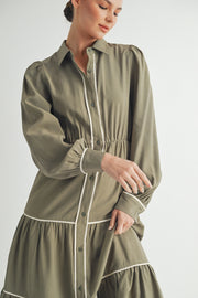 Wholesale women's contemporary line brand | Long Sleeve and Collared neckline Button Up Midi Dress