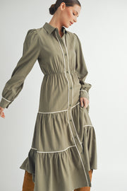 Wholesale women's contemporary line brand | Long Sleeve and Collared neckline Button Up Midi Dress