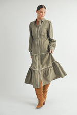 Load image into Gallery viewer, Wholesale women&#39;s contemporary line brand | Long Sleeve and Collared neckline Button Up Midi Dress
