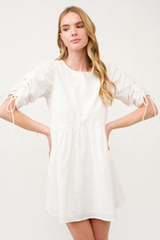 Ruched Sleeve White Mini Dress I ABED7683 I SHIP 03/31/25