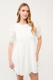 Ruched Sleeve White Mini Dress I ABED7683 I SHIP 03/31/25