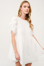 Ruched Sleeve White Mini Dress I ABED7683 I SHIP 03/31/25