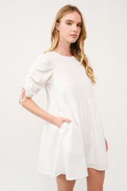 Ruched Sleeve White Mini Dress I ABED7683 I SHIP 03/31/25
