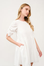 Ruched Sleeve White Mini Dress I ABED7683 I SHIP 03/31/25