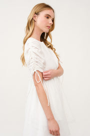 Ruched Sleeve White Mini Dress I ABED7683 I SHIP 03/31/25