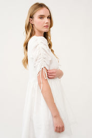 Ruched Sleeve White Mini Dress I ABED7683 I SHIP 03/31/25