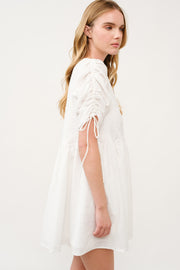 Ruched Sleeve White Mini Dress I ABED7683 I SHIP 03/31/25