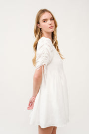 Ruched Sleeve White Mini Dress I ABED7683 I SHIP 03/31/25
