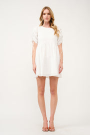 Ruched Sleeve White Mini Dress I ABED7683 I SHIP 03/31/25