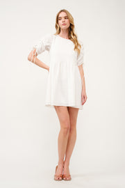 Ruched Sleeve White Mini Dress I ABED7683 I SHIP 03/31/25