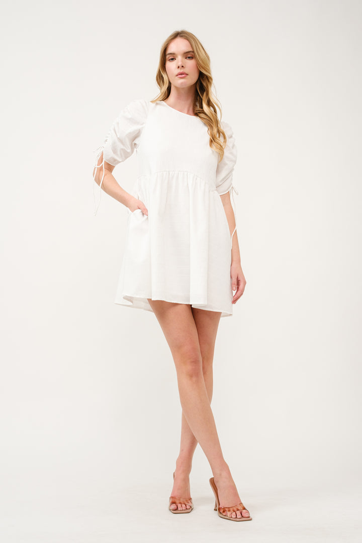 Ruched Sleeve White Mini Dress I ABED7683 I SHIP 03/31/25
