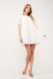 Ruched Sleeve White Mini Dress I ABED7683 I SHIP 03/31/25