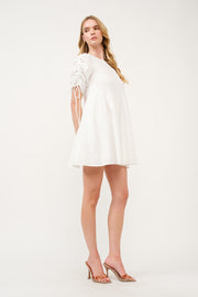 Ruched Sleeve White Mini Dress I ABED7683 I SHIP 03/31/25