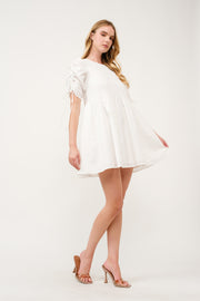 Ruched Sleeve White Mini Dress I ABED7683 I SHIP 03/31/25