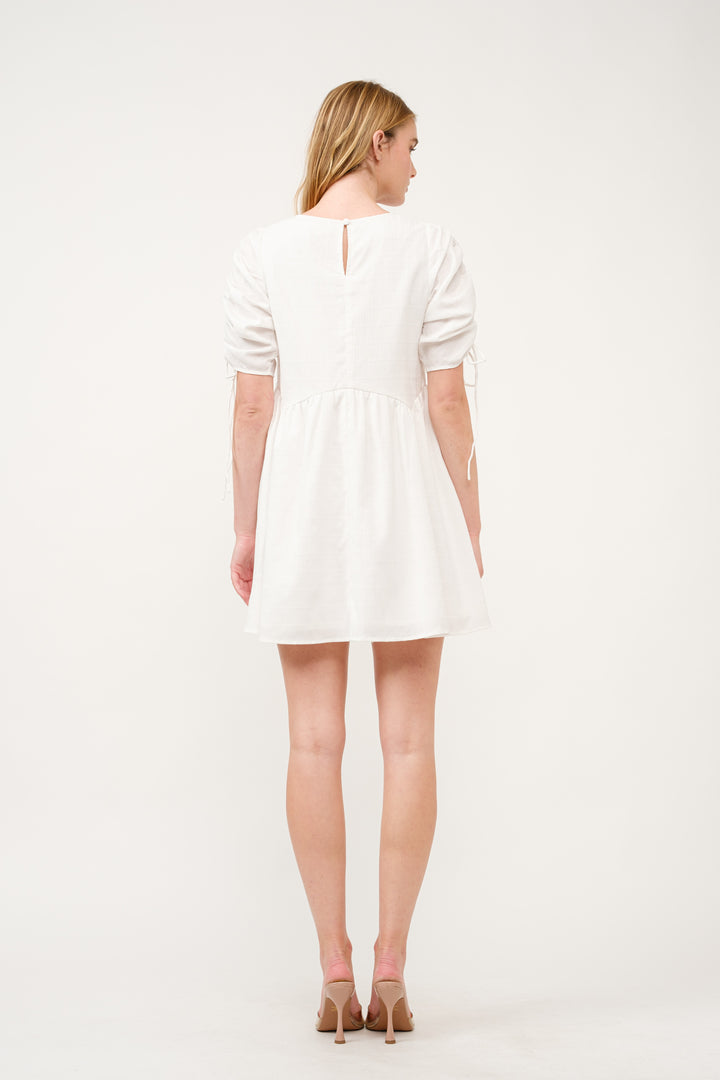 Ruched Sleeve White Mini Dress I ABED7683 I SHIP 03/31/25