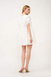 Ruched Sleeve White Mini Dress I ABED7683 I SHIP 03/31/25