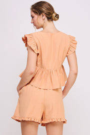 V Neck Ruffle Top & Short Set | ABED7700